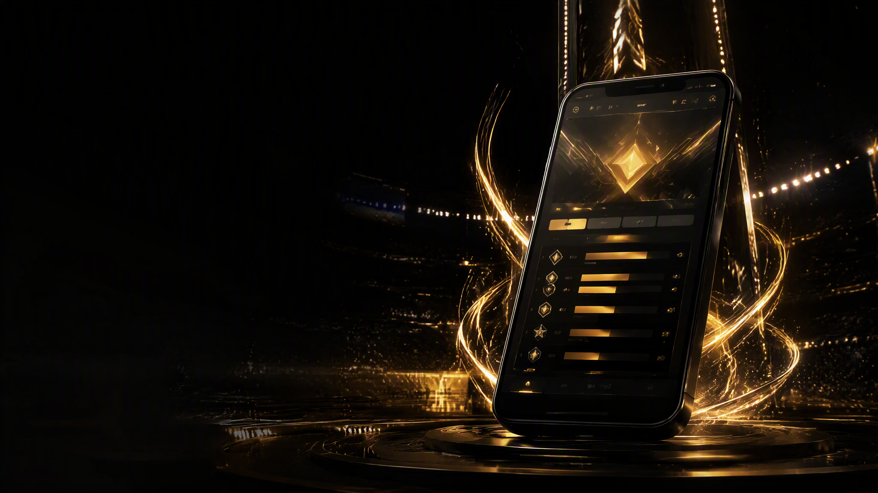 Fictional smartphone in a gold-lit competitive gaming arena